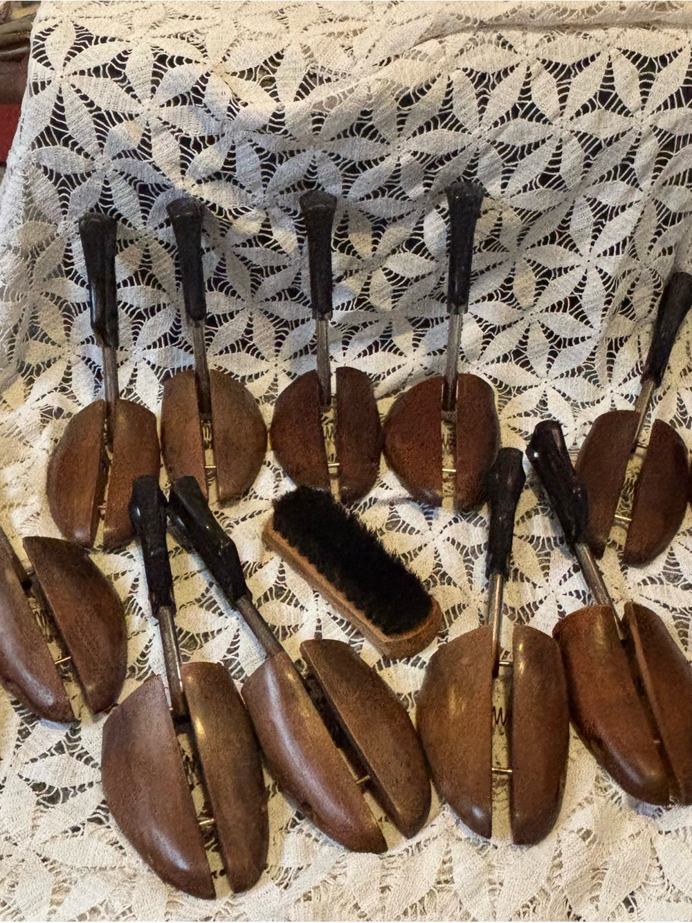 6 Vintage Brown Wooden Shoe Trees & Brushes Set